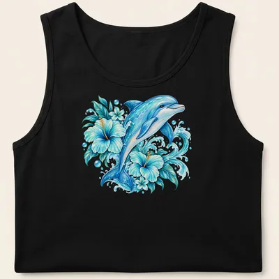Vibrant tropical print of a dolphin swimming among floral elements — printed on a tank top