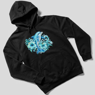 Vibrant tropical print of a dolphin swimming among floral elements — printed on a unisex hoodie