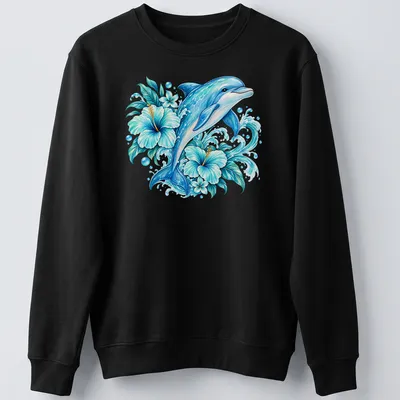 Vibrant tropical print of a dolphin swimming among floral elements — printed on a unisex sweatshirt