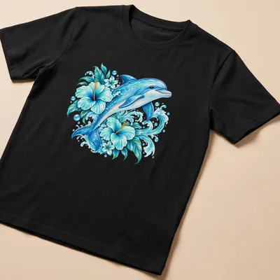 Vibrant tropical print of a dolphin swimming among floral elements