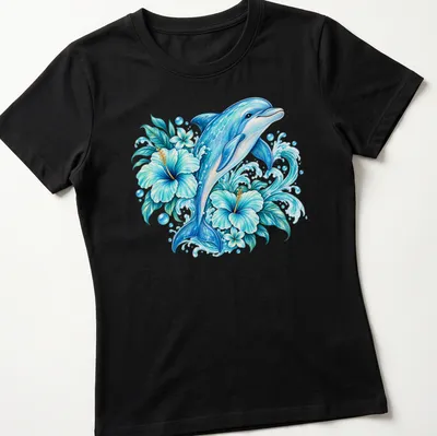Vibrant tropical print of a dolphin swimming among floral elements — printed on a women's shirt