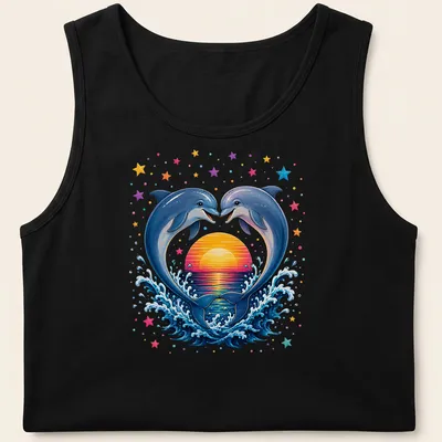 Vibrant illustration of dolphins jumping at sunset with colorful hues — printed on a tank top
