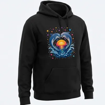 Vibrant illustration of dolphins jumping at sunset with colorful hues — printed on a unisex hoodie