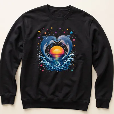 Vibrant illustration of dolphins jumping at sunset with colorful hues — printed on a unisex sweatshirt