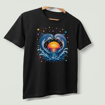 Vibrant illustration of dolphins jumping at sunset with colorful hues — printed on a unisex t-shirt (angled view)