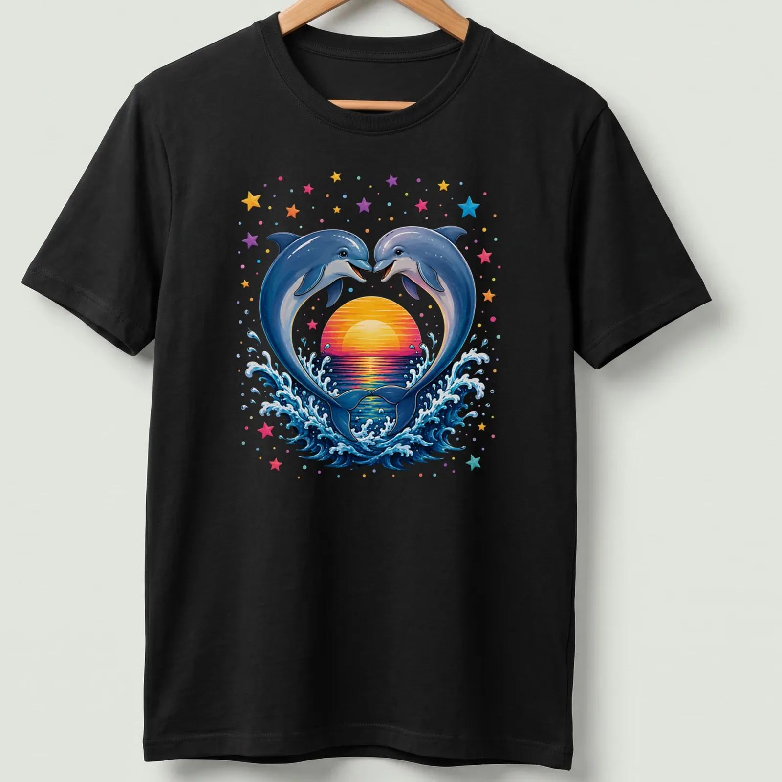 Vibrant illustration of dolphins jumping at sunset with colorful hues — printed on a unisex t-shirt