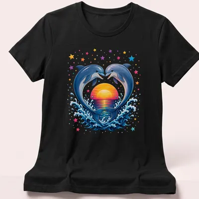 Vibrant illustration of dolphins jumping at sunset with colorful hues — printed on a women's shirt