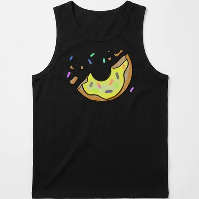 Kawaii illustration of a donut with yellow icing and sprinkles, with 'One Bite Left' text. — printed on a tank top