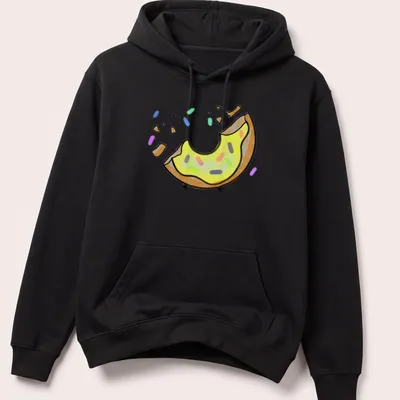 Kawaii illustration of a donut with yellow icing and sprinkles, with 'One Bite Left' text. — printed on a unisex hoodie