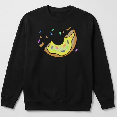 Kawaii illustration of a donut with yellow icing and sprinkles, with 'One Bite Left' text. — printed on a unisex sweatshirt