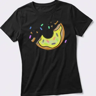 Kawaii illustration of a donut with yellow icing and sprinkles, with 'One Bite Left' text. — printed on a women's shirt