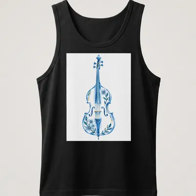 Watercolor illustration of a double bass surrounded by flowers in blue, green, and yellow — printed on a tank top