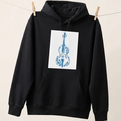Watercolor illustration of a double bass surrounded by flowers in blue, green, and yellow — printed on a unisex hoodie