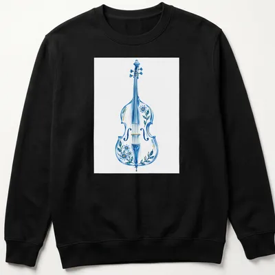 Watercolor illustration of a double bass surrounded by flowers in blue, green, and yellow — printed on a unisex sweatshirt