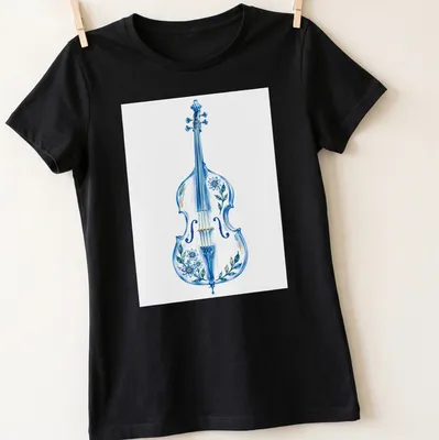 Watercolor illustration of a double bass surrounded by flowers in blue, green, and yellow — printed on a women's shirt