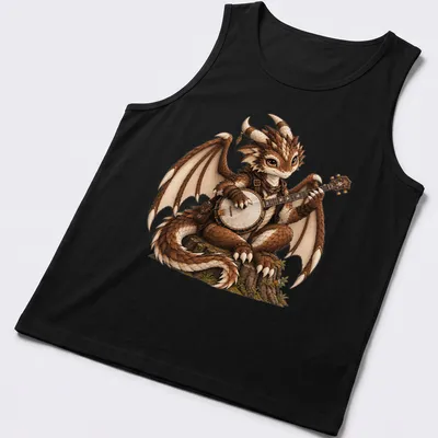 Fantasy illustration of a dragon bard playing a banjo in warm colors — printed on a tank top