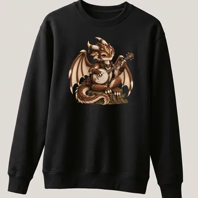 Fantasy illustration of a dragon bard playing a banjo in warm colors — printed on a unisex sweatshirt