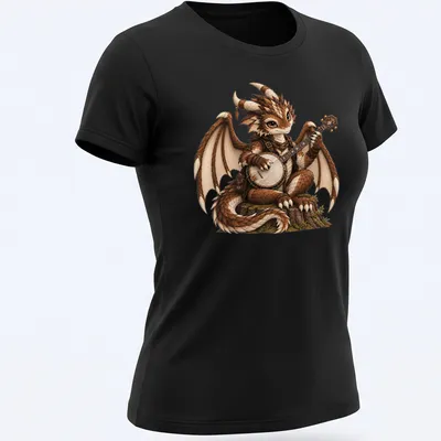 Fantasy illustration of a dragon bard playing a banjo in warm colors — printed on a women's shirt