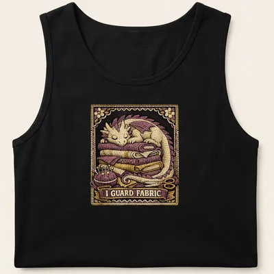 Detailed illustration of a dragon guarding the phrase 'I GUARD FABRIC' in purple and gold — printed on a tank top