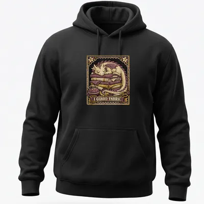 Detailed illustration of a dragon guarding the phrase 'I GUARD FABRIC' in purple and gold — printed on a unisex hoodie