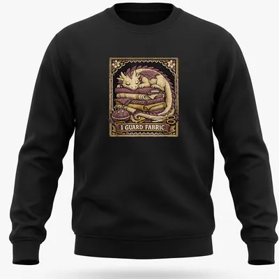 Detailed illustration of a dragon guarding the phrase 'I GUARD FABRIC' in purple and gold — printed on a unisex sweatshirt