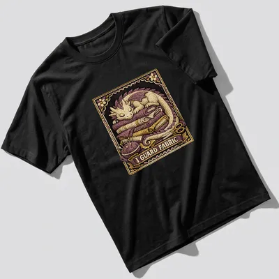 Detailed illustration of a dragon guarding the phrase 'I GUARD FABRIC' in purple and gold