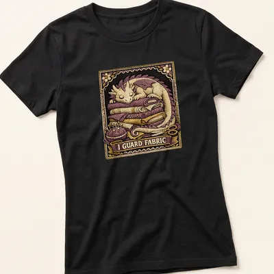 Detailed illustration of a dragon guarding the phrase 'I GUARD FABRIC' in purple and gold — printed on a women's shirt