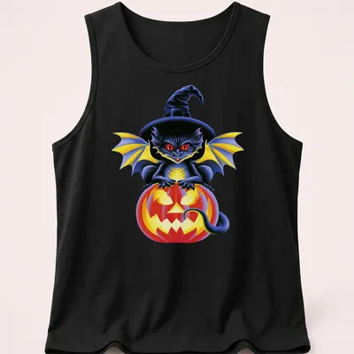Colorful cartoon dragon sitting on a pumpkin, celebrating Halloween — printed on a tank top