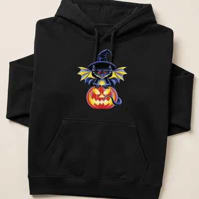 Colorful cartoon dragon sitting on a pumpkin, celebrating Halloween — printed on a unisex hoodie