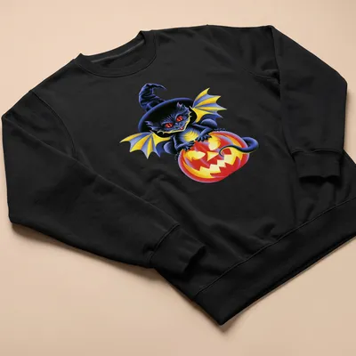 Colorful cartoon dragon sitting on a pumpkin, celebrating Halloween — printed on a unisex sweatshirt