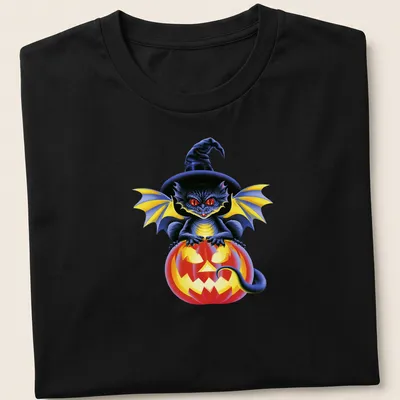 Colorful cartoon dragon sitting on a pumpkin, celebrating Halloween