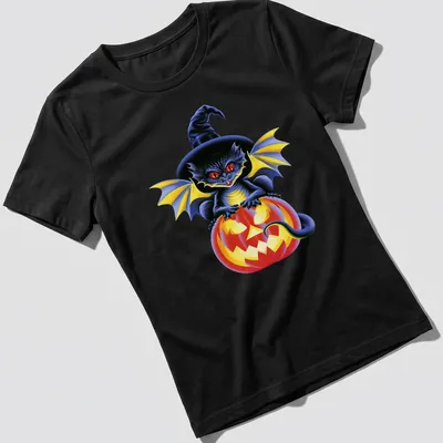Colorful cartoon dragon sitting on a pumpkin, celebrating Halloween — printed on a women's shirt