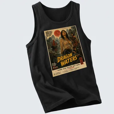 Retro vintage T-shirt featuring a woman submerged in dragon-themed waters with bold printed text. — printed on a tank top