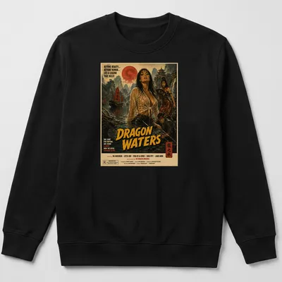 Retro vintage T-shirt featuring a woman submerged in dragon-themed waters with bold printed text. — printed on a unisex sweatshirt
