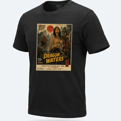 Retro vintage T-shirt featuring a woman submerged in dragon-themed waters with bold printed text.