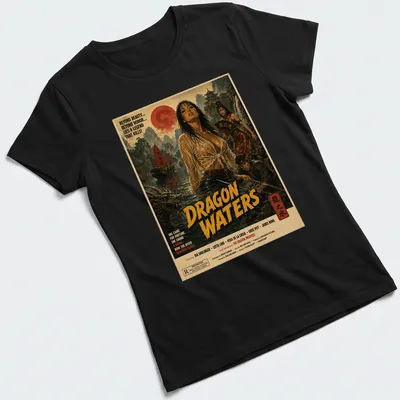 Retro vintage T-shirt featuring a woman submerged in dragon-themed waters with bold printed text. — printed on a women's shirt