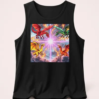 Vibrant fantasy print of battling dragons in multiple colors — printed on a tank top