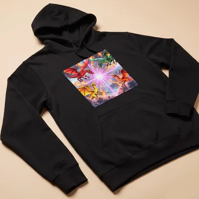 Vibrant fantasy print of battling dragons in multiple colors — printed on a unisex hoodie