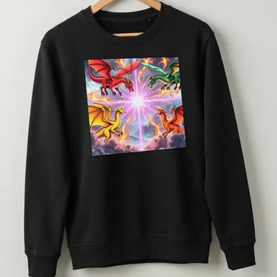 Vibrant fantasy print of battling dragons in multiple colors — printed on a unisex sweatshirt