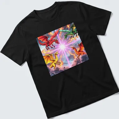 Vibrant fantasy print of battling dragons in multiple colors — printed on a unisex t-shirt