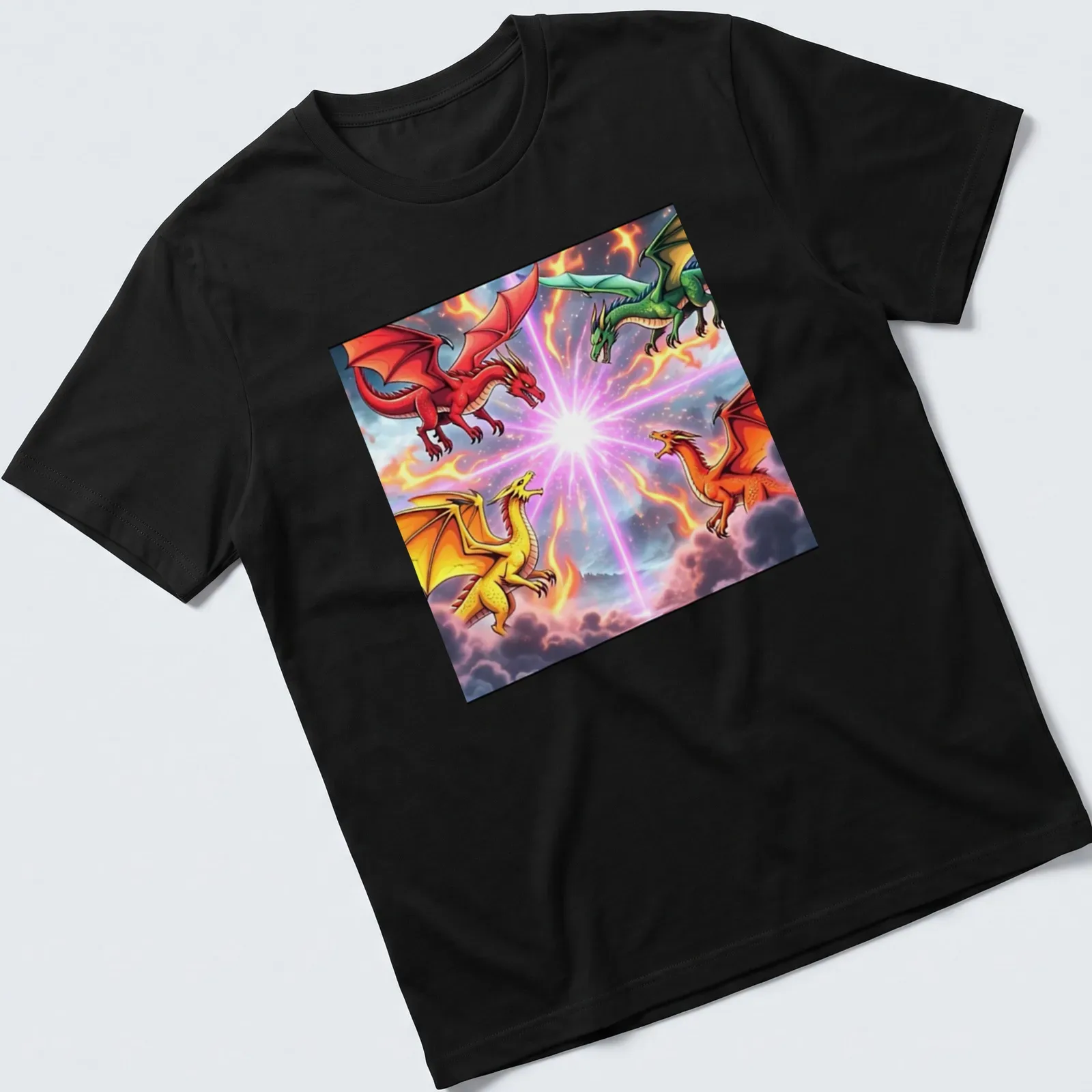 Vibrant fantasy print of battling dragons in multiple colors — printed on a unisex t-shirt