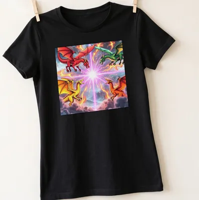 Vibrant fantasy print of battling dragons in multiple colors — printed on a women's shirt