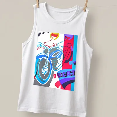 Abstract colorful Ducati motorcycle design with tribute text in bold colors — printed on a tank top