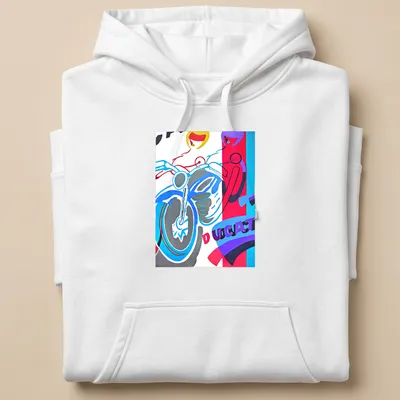 Abstract colorful Ducati motorcycle design with tribute text in bold colors — printed on a unisex hoodie