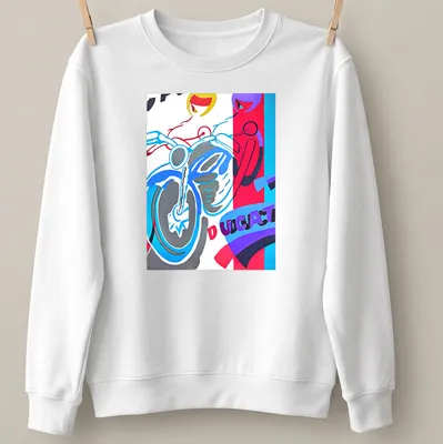 Abstract colorful Ducati motorcycle design with tribute text in bold colors — printed on a unisex sweatshirt