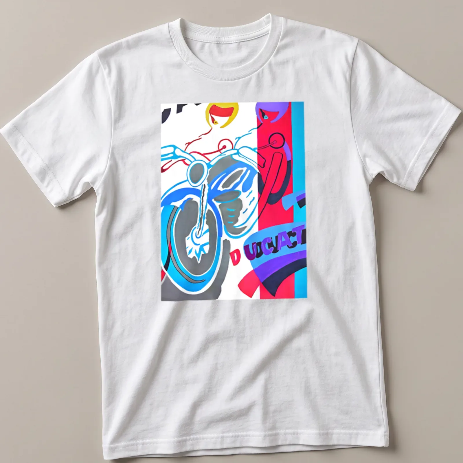 Abstract colorful Ducati motorcycle design with tribute text in bold colors — printed on a unisex t-shirt