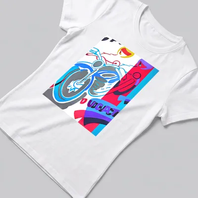Abstract colorful Ducati motorcycle design with tribute text in bold colors — printed on a women's shirt