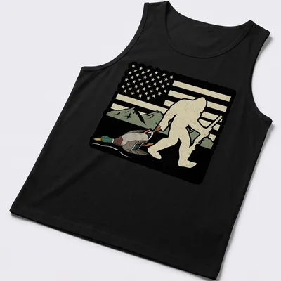 Vintage distressed Bigfoot Sasquatch holding a duck in a humorous style — printed on a tank top