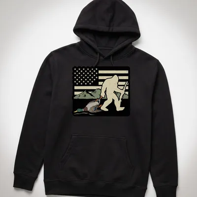 Vintage distressed Bigfoot Sasquatch holding a duck in a humorous style — printed on a unisex hoodie