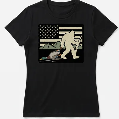 Vintage distressed Bigfoot Sasquatch holding a duck in a humorous style — printed on a women's shirt